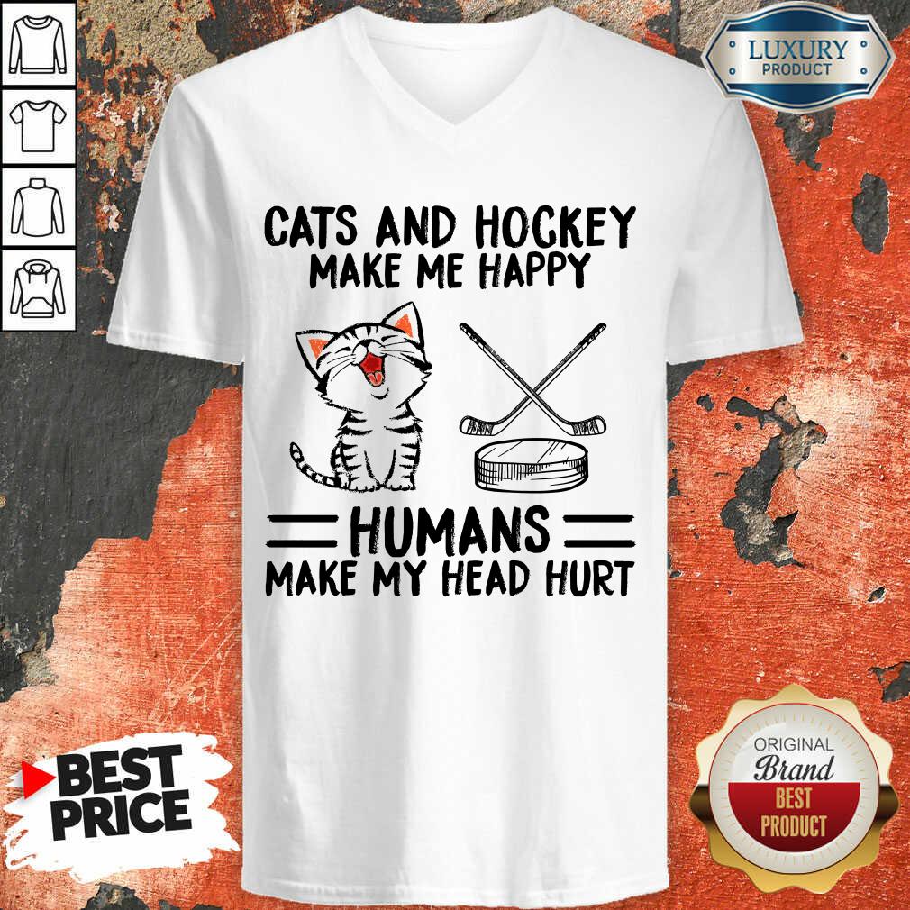 Hot Cats And Hockey Make Me Happy Humans Make My Head Hurt Shirt - Image 2
