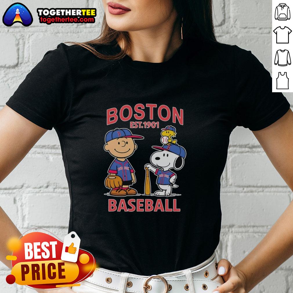 Top Charlie Brown Snoopy And Woodstock With Boston Red Sox Baseball Jersey Est 1901 T-Shirt - Image 3