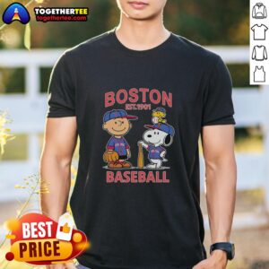 Top Charlie Brown Snoopy And Woodstock With Boston Red Sox Baseball Jersey Est 1901 T-Shirt
