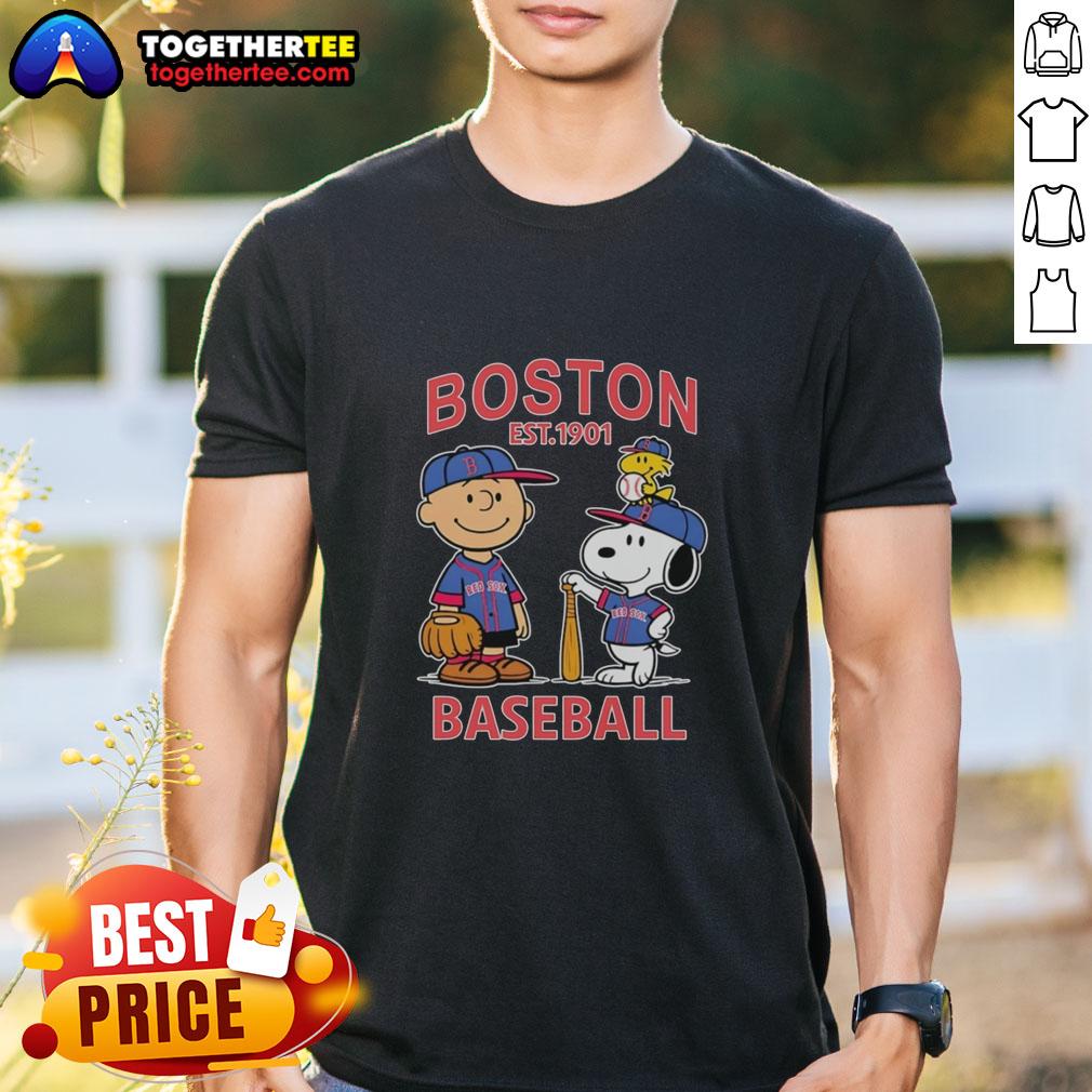 Top Charlie Brown Snoopy And Woodstock With Boston Red Sox Baseball Jersey Est 1901 T-Shirt