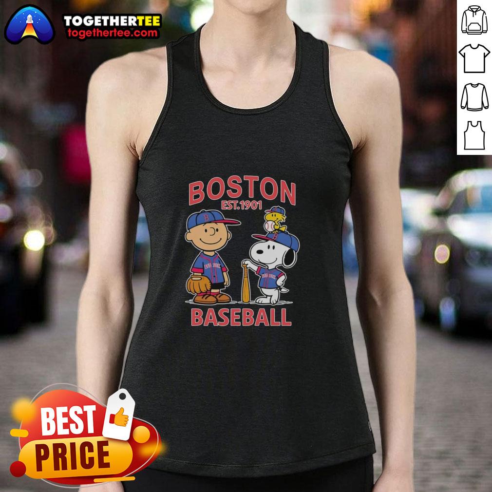 Top Charlie Brown Snoopy And Woodstock With Boston Red Sox Baseball Jersey Est 1901 T-Shirt - Image 4