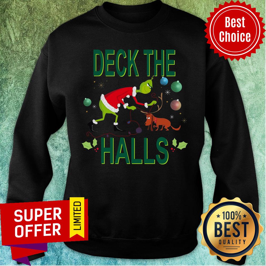 Awesome Santa Grinch And Max Deck The Halls Christmas Shirt - Image 3