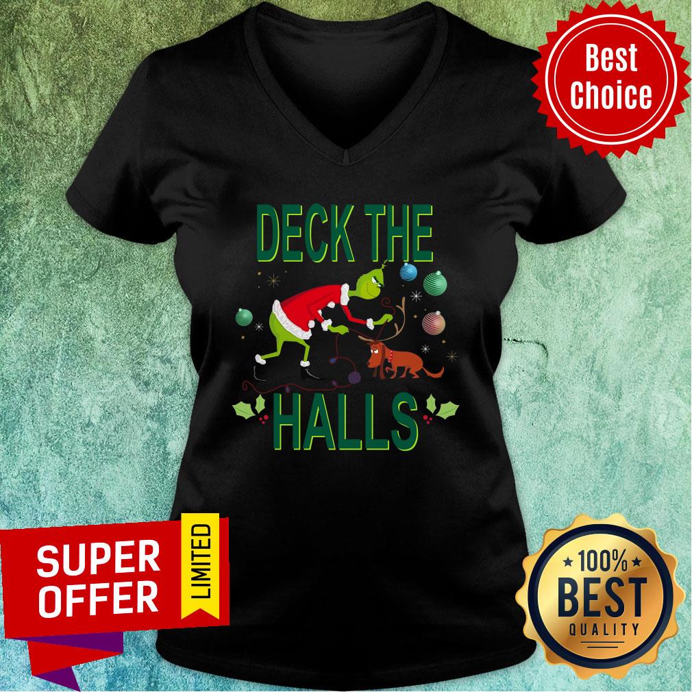 Awesome Santa Grinch And Max Deck The Halls Christmas Shirt - Image 5