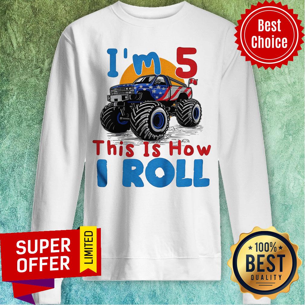 Official I’m 5 This Is How I Roll Truck 4 Wheeler Monster Birthday Shirt - Image 3