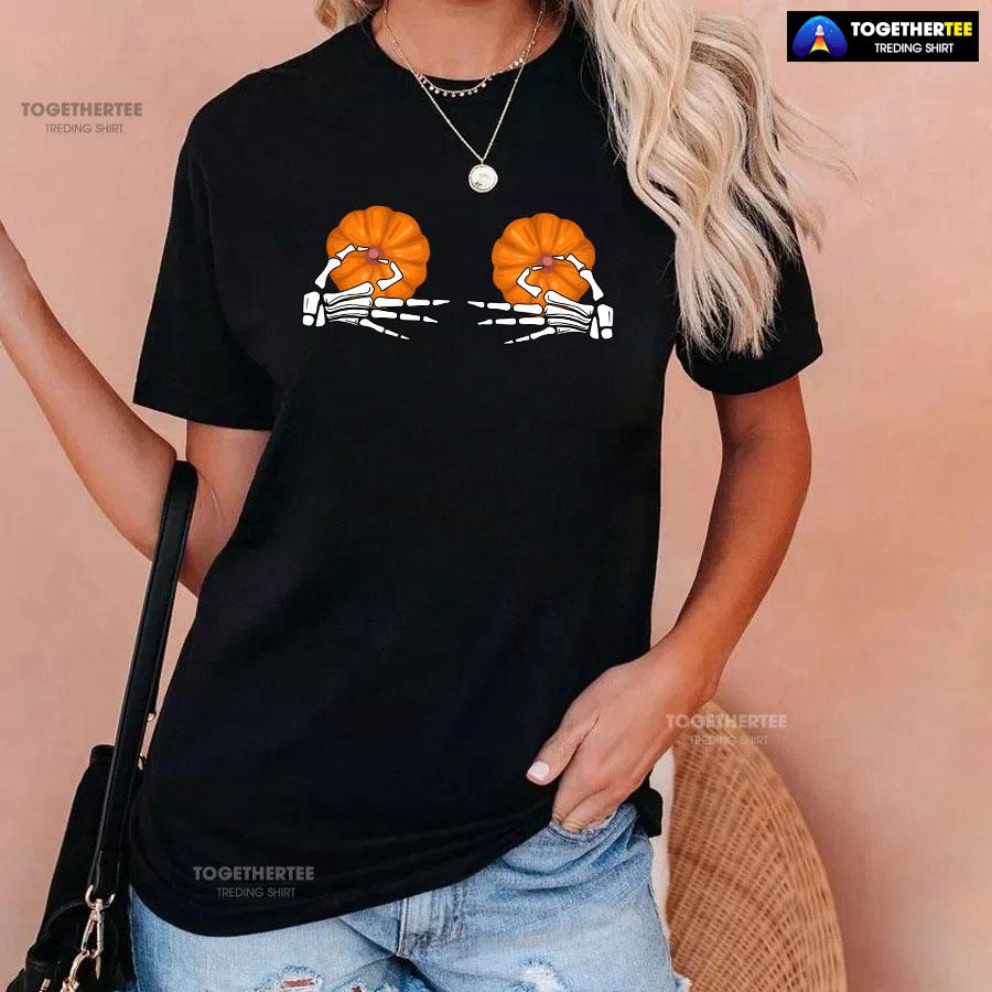 Skeleton Hands Pumpkin Boobs T-Shirt - Image 3