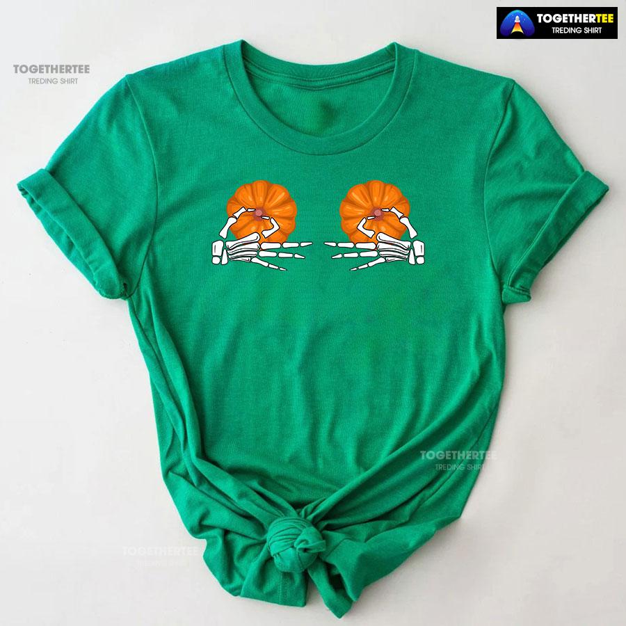 Skeleton Hands Pumpkin Boobs T-Shirt - Image 7