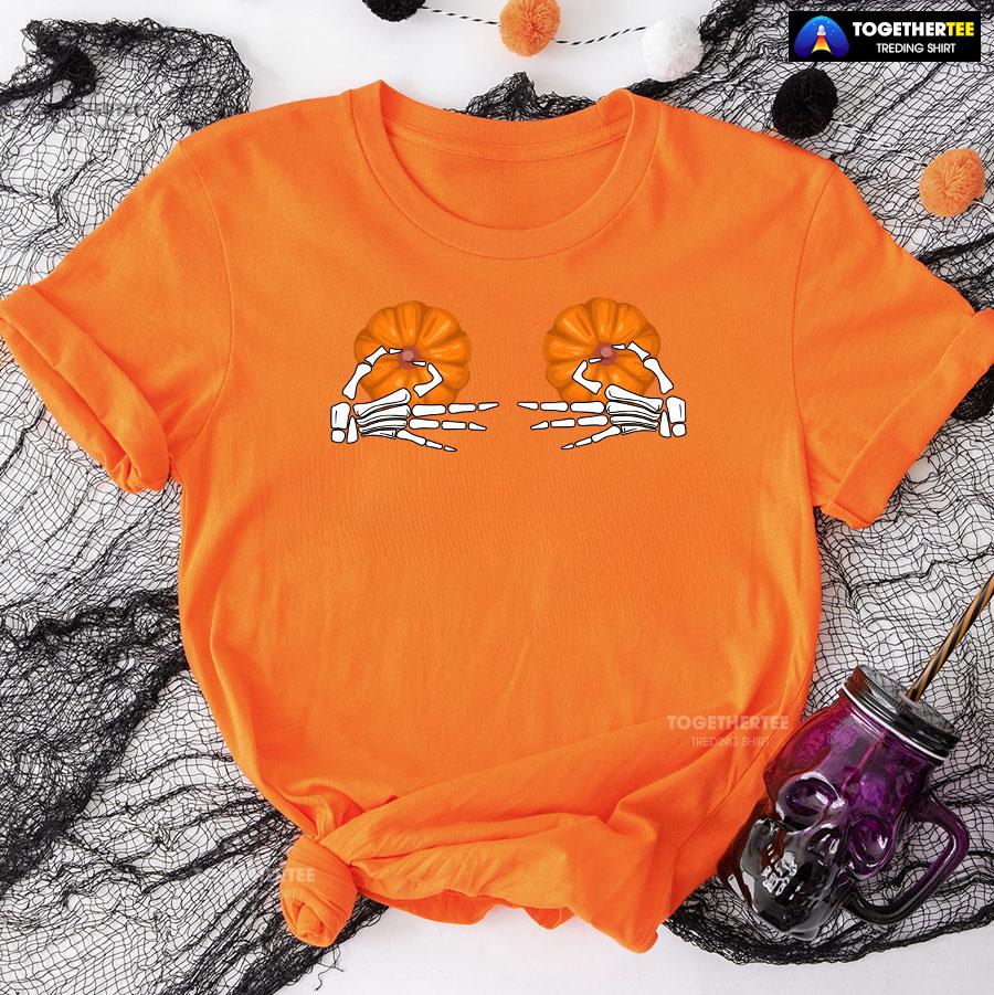 Skeleton Hands Pumpkin Boobs T-Shirt - Image 9