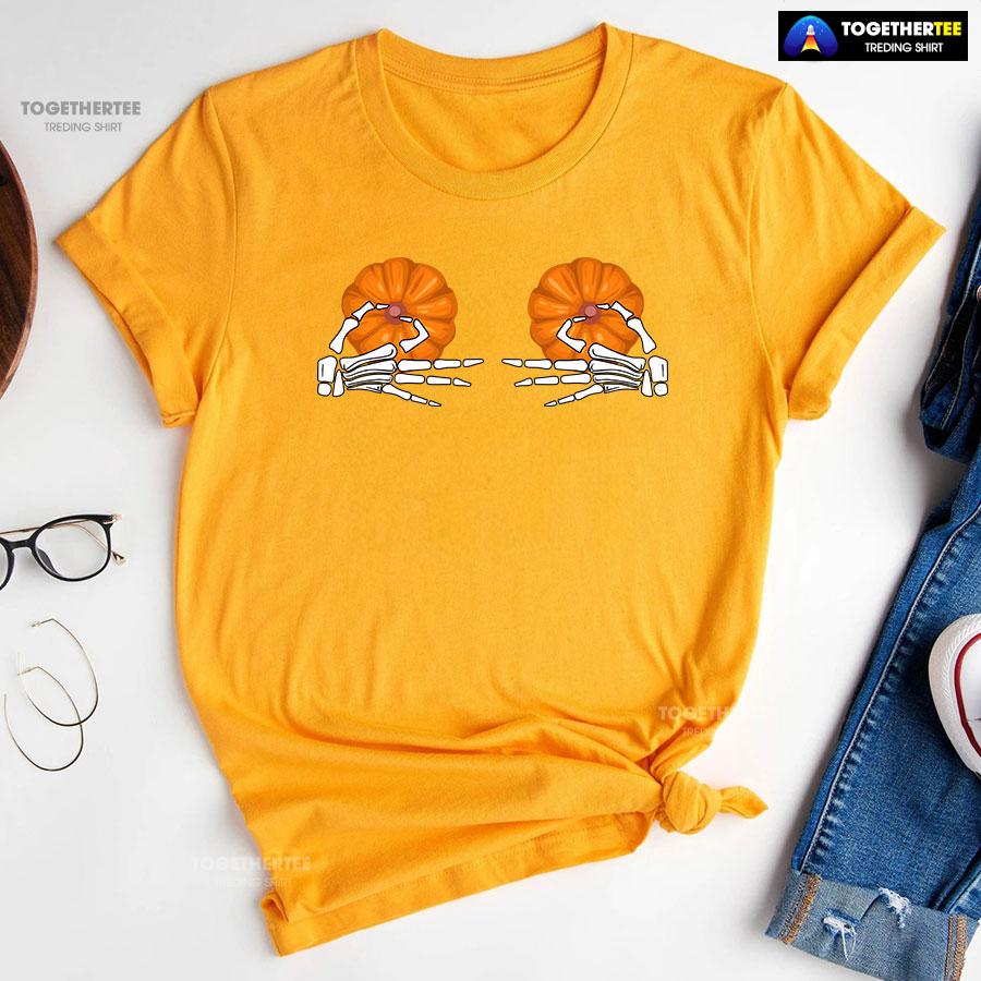 Skeleton Hands Pumpkin Boobs T-Shirt - Image 10