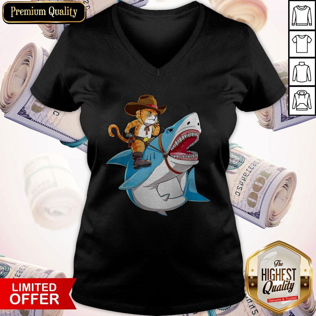 Top Cowboy Cat Riding Shark Shirt - Image 2