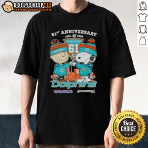 Hot Charlie Brown And Snoopy 61st Anniversary 1965 2026 Miami Dolphins Football Skyline T-Shirt