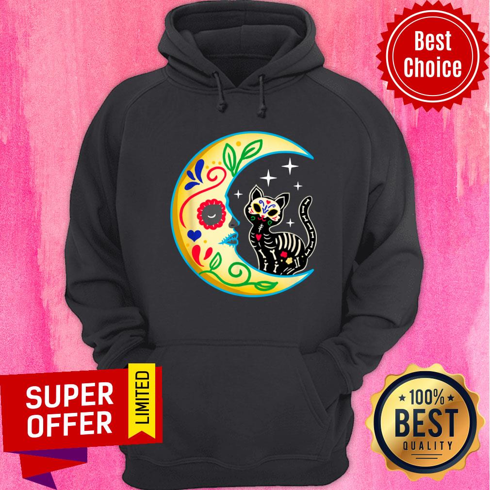 Cat Amp Moon Sugar Skull Dia De Los Muertos Shirt - Image 3