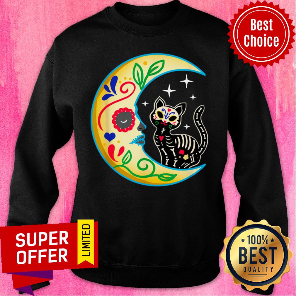 Cat Amp Moon Sugar Skull Dia De Los Muertos Shirt - Image 2