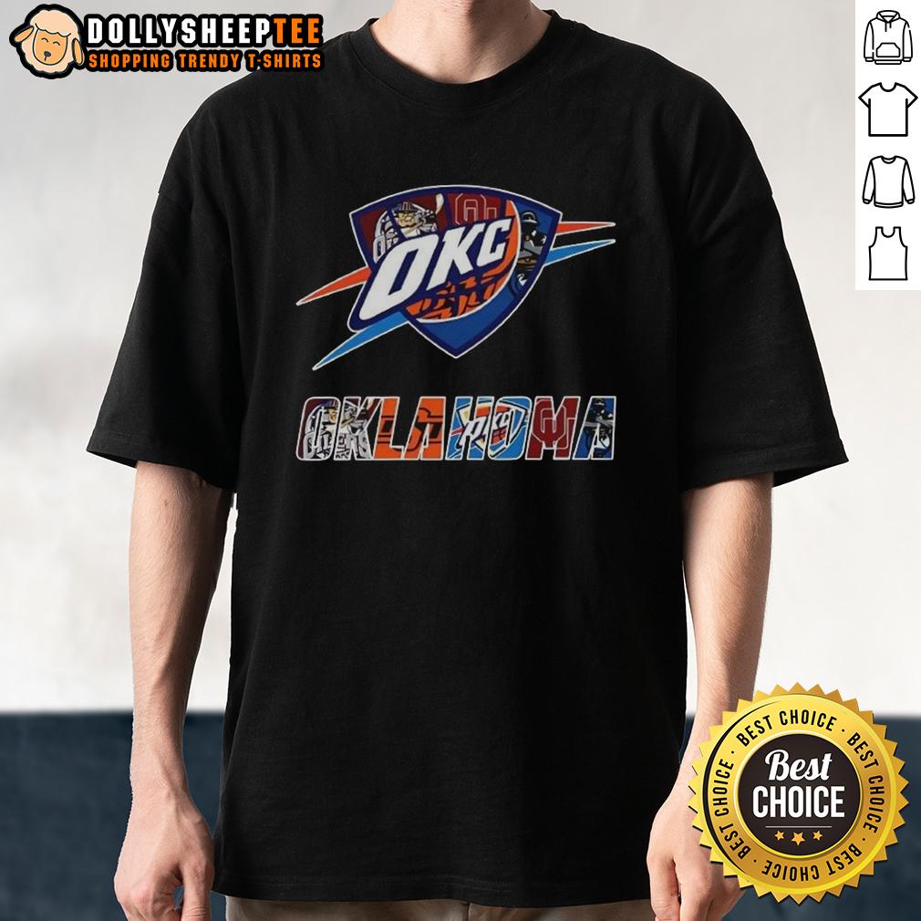 Hot Oklahoma City Thunder NBA And Oklahoma Sport Teams Collage Logo T-Shirt