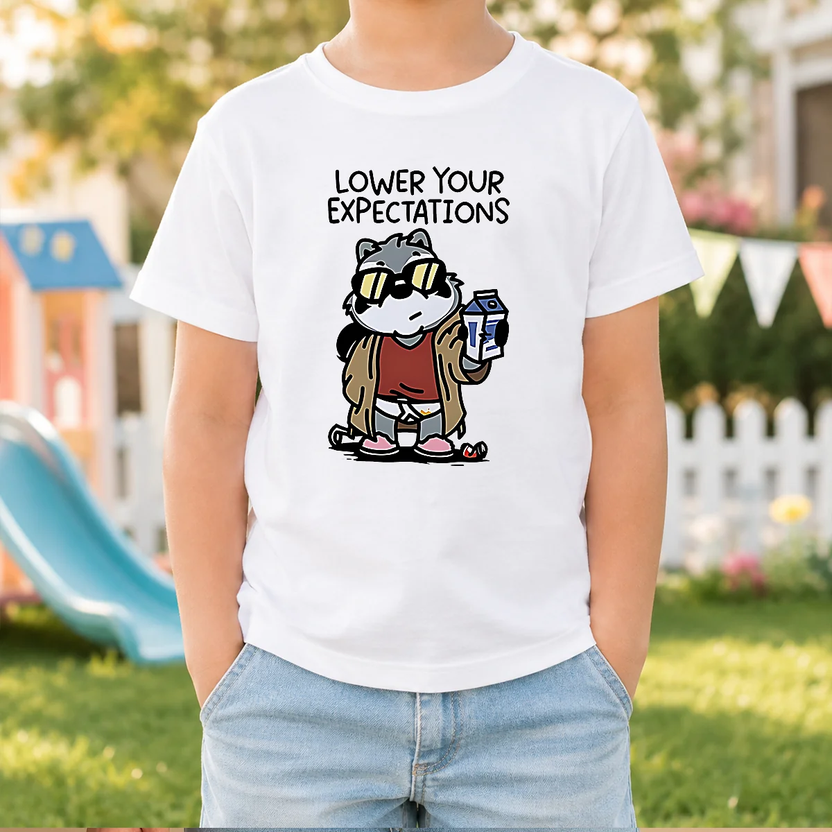 Official Lower Your Expectations Raccoon Cartoon Shirt - Image 8