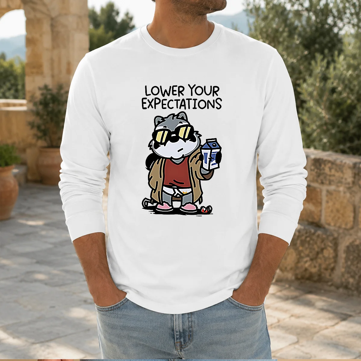 Official Lower Your Expectations Raccoon Cartoon Shirt - Image 7