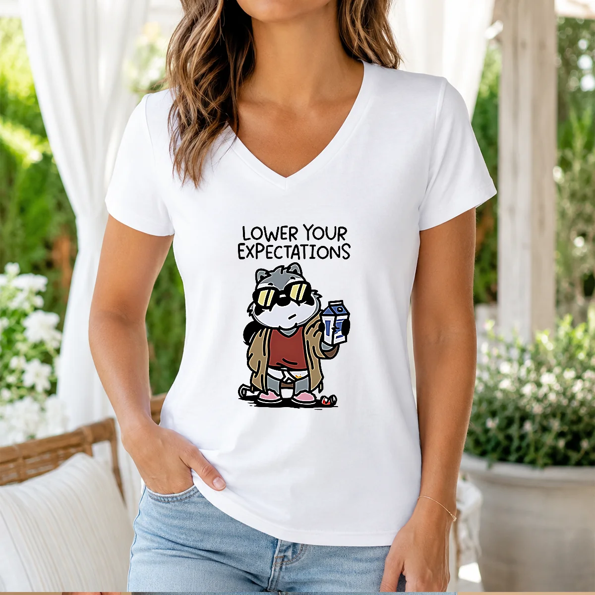 Official Lower Your Expectations Raccoon Cartoon Shirt - Image 2
