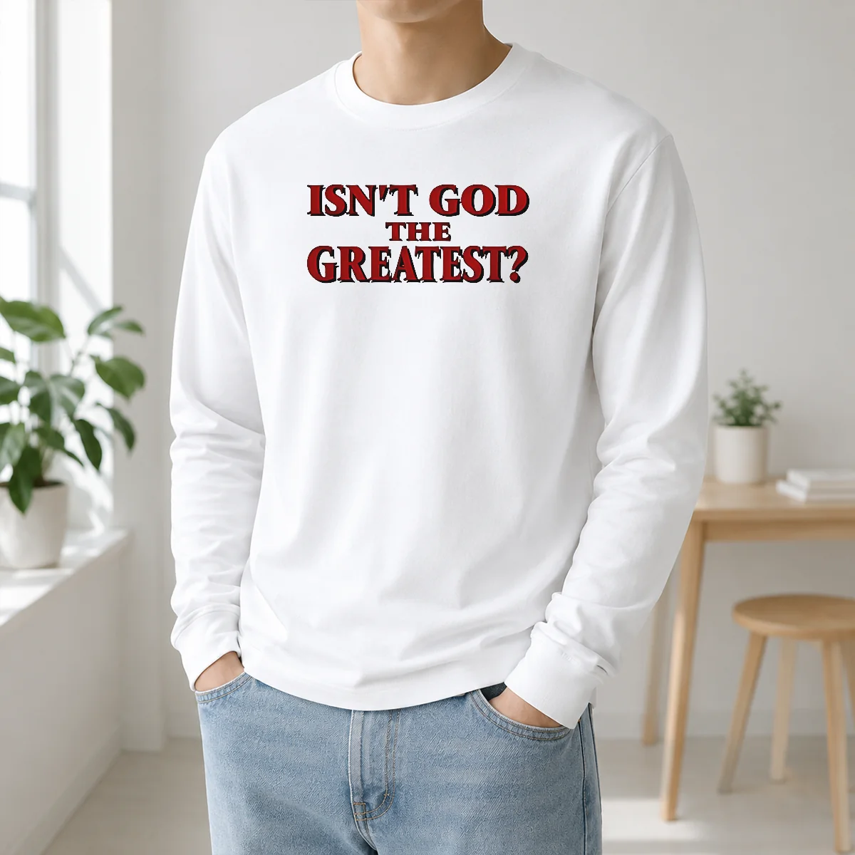 Top Isn'T God The Greatest Faith Religious Message Screen Print Shirt - Image 5