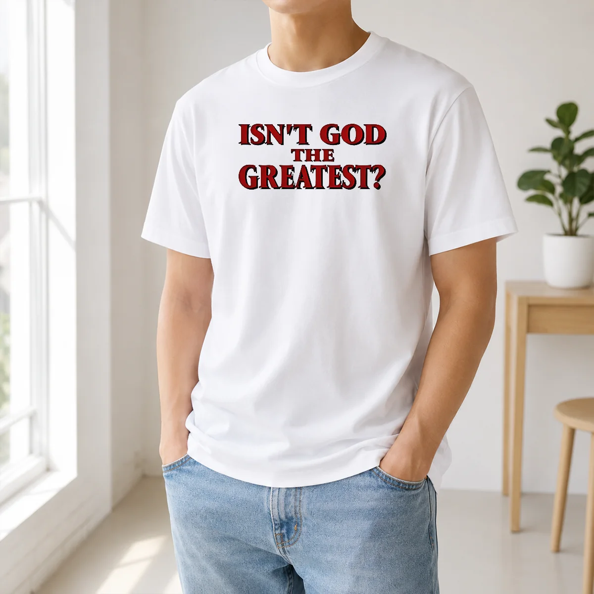 Top Isn'T God The Greatest Faith Religious Message Screen Print Shirt