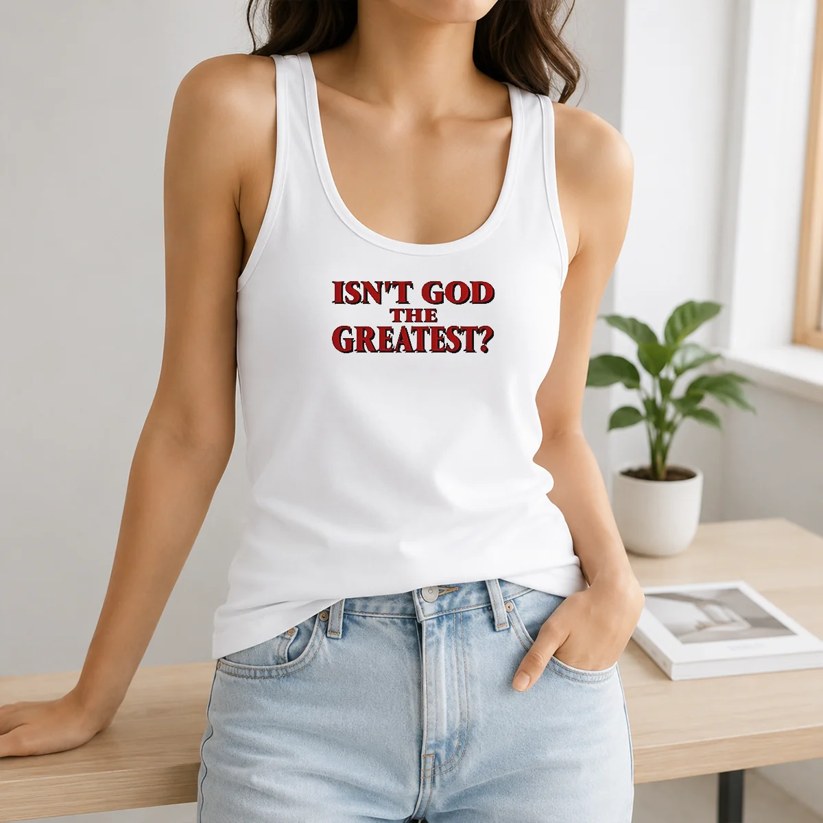 Top Isn'T God The Greatest Faith Religious Message Screen Print Shirt - Image 3