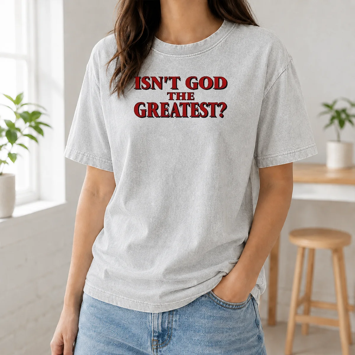 Top Isn'T God The Greatest Faith Religious Message Screen Print Shirt - Image 8