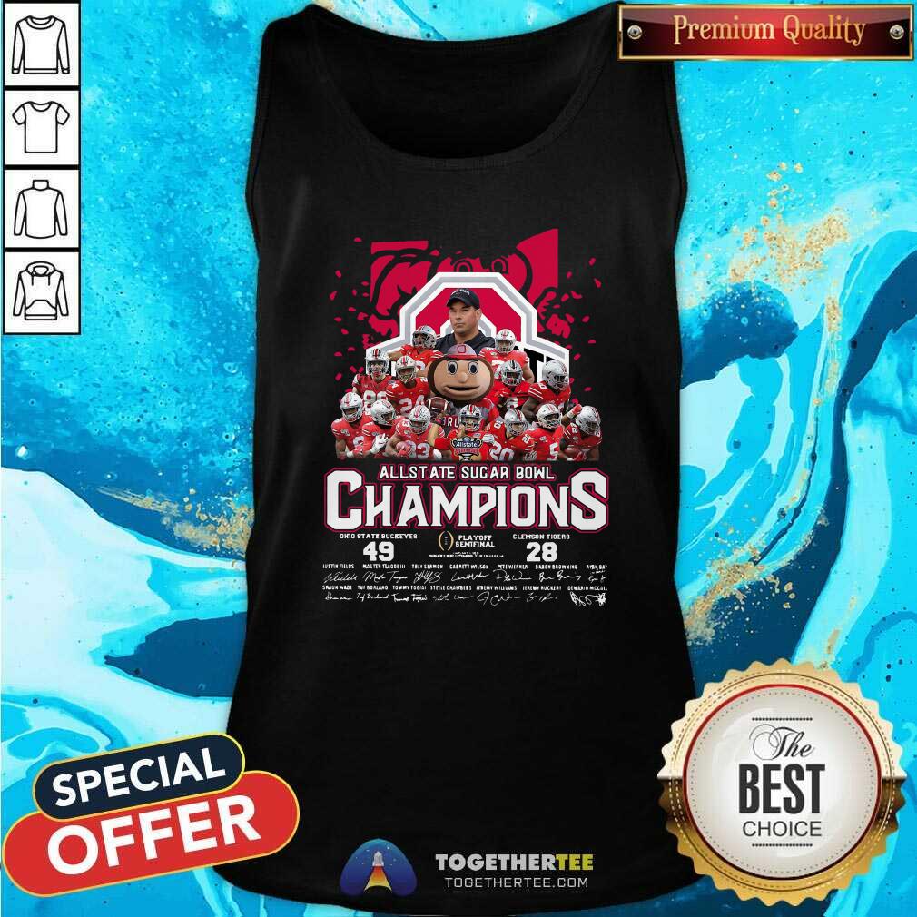 Pretty Allstate Sugar Bowl Champions Ohio State Buckeyes 49 28 Clemson Tigers Signatures Shirt - Image 3