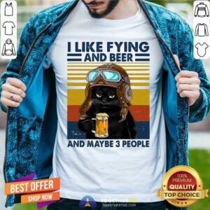 Funny Cat Pilot Flying Beer And 3 People Vintage Retro Shirt