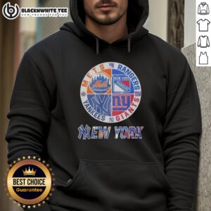 Alternative view of Official New York Mets New York Rangers New York Yankees New York Giants Mashup Logo T-Shirt
