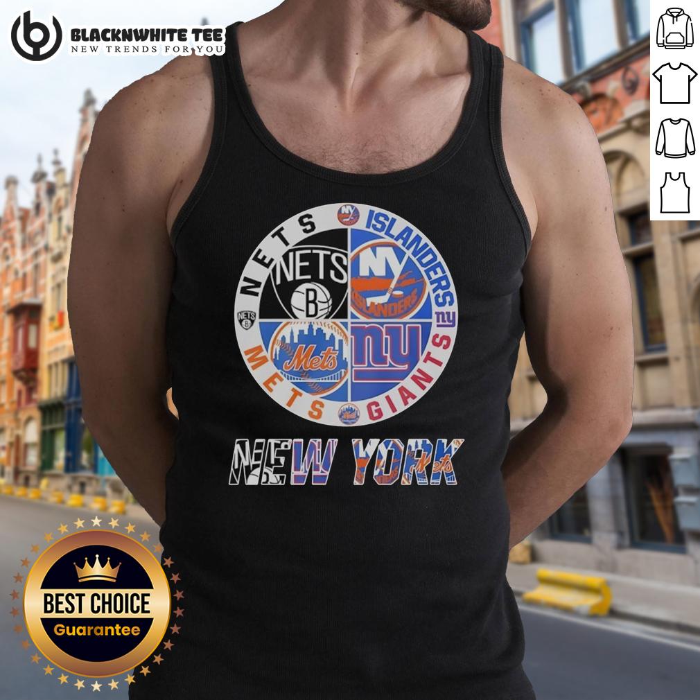 Official New York Nets New York Islanders New York Mets New York Giants Mashup Logo T-Shirt - Image 4