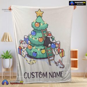 Official Cute Mice & Penguin Cartoon Christmas Tree Blanket Fleece Customized Blanket