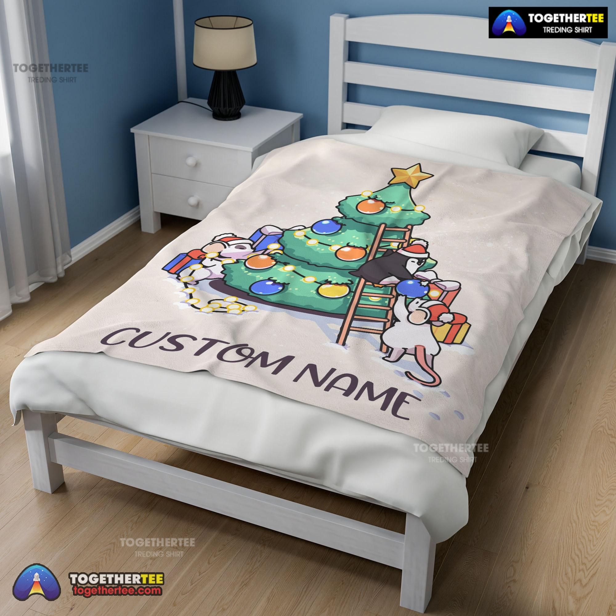Official Cute Mice & Penguin Cartoon Christmas Tree Blanket Fleece Customized Blanket - Image 2