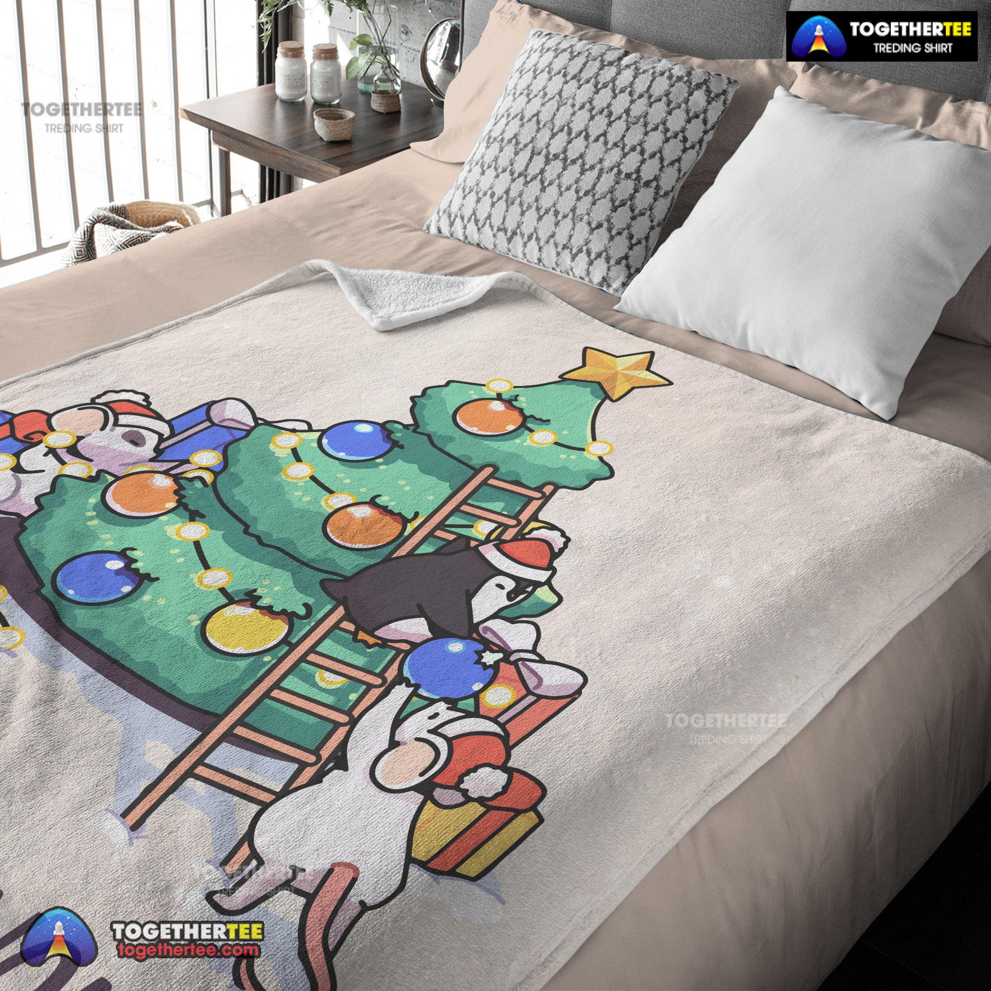 Official Cute Mice & Penguin Cartoon Christmas Tree Blanket Fleece Customized Blanket - Image 3