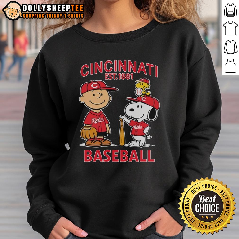 Cute Charlie Brown Snoopy And Woodstock With Cincinnati Reds Baseball Jersey Est 1881 T-Shirt - Image 5