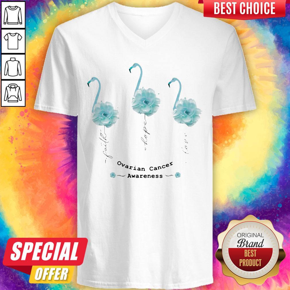 Faith Hope Love Ovarian Cancer Awareness Flamingo Flower Shirt - Image 4