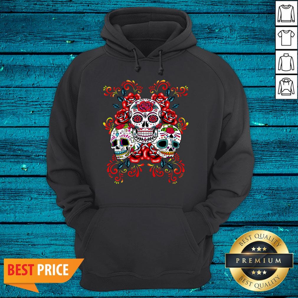Triple Skull Red Floral Day Of The Dead Sugar Skulls Shirt - Image 3