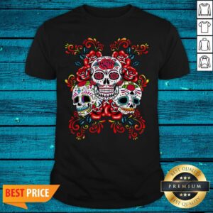 Triple Skull Red Floral Day Of The Dead Sugar Skulls Shirt