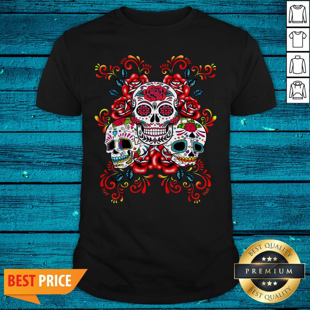 Triple Skull Red Floral Day Of The Dead Sugar Skulls Shirt