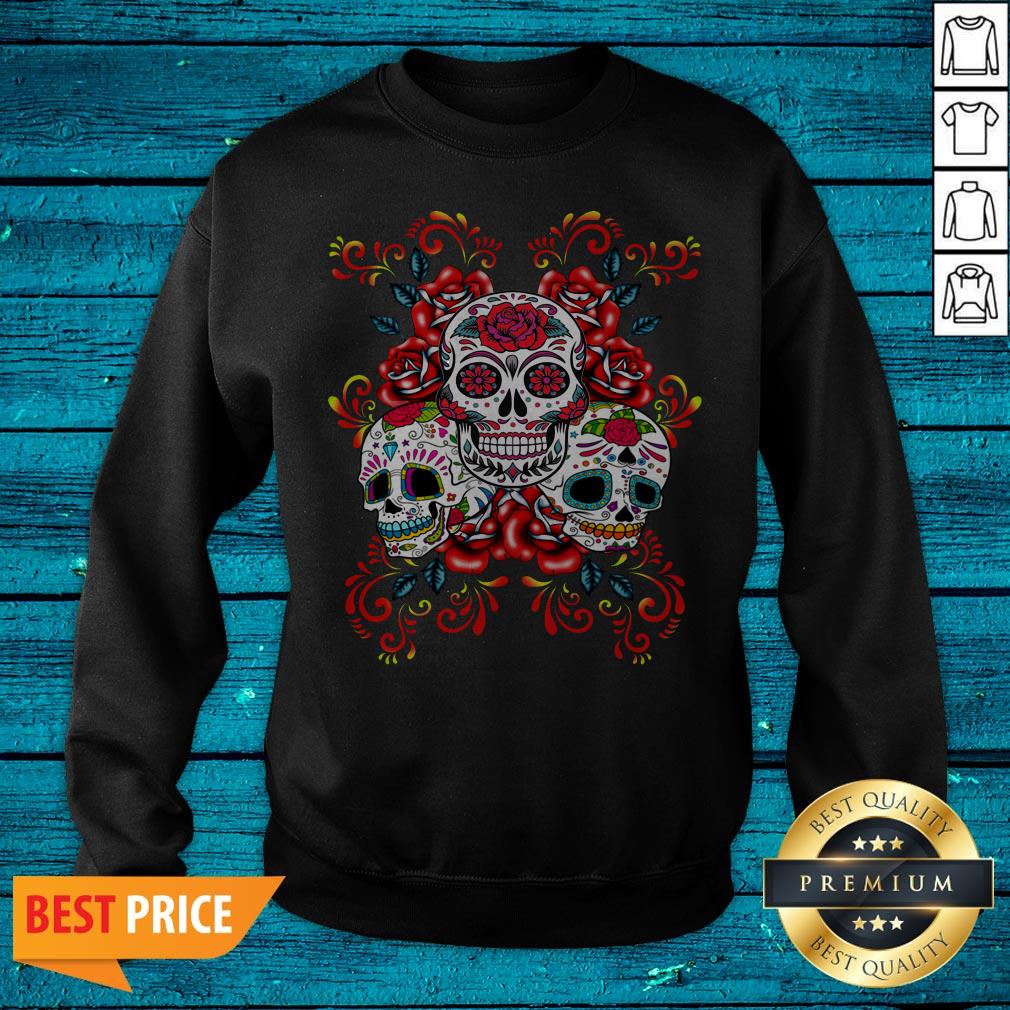 Triple Skull Red Floral Day Of The Dead Sugar Skulls Shirt - Image 2