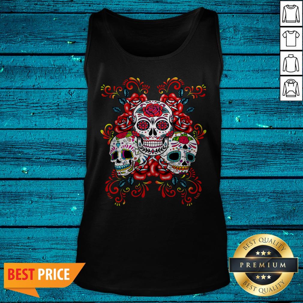 Triple Skull Red Floral Day Of The Dead Sugar Skulls Shirt - Image 5