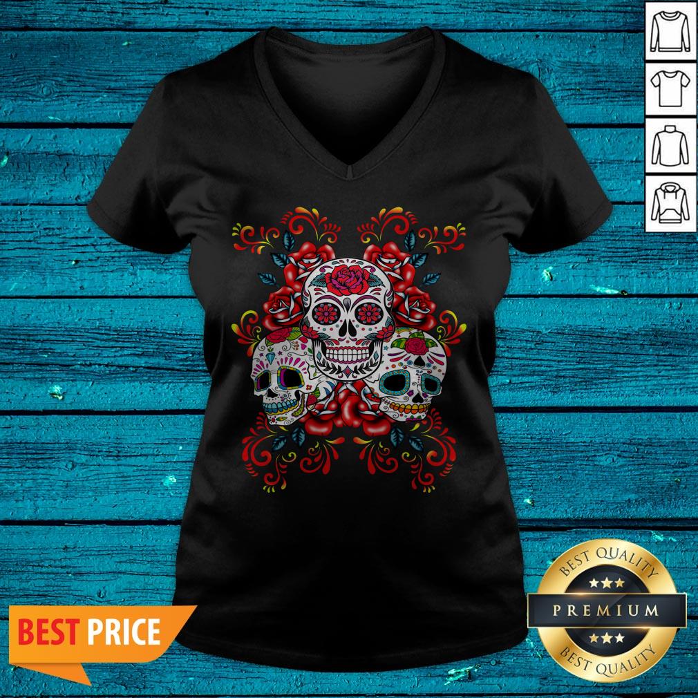 Triple Skull Red Floral Day Of The Dead Sugar Skulls Shirt - Image 4