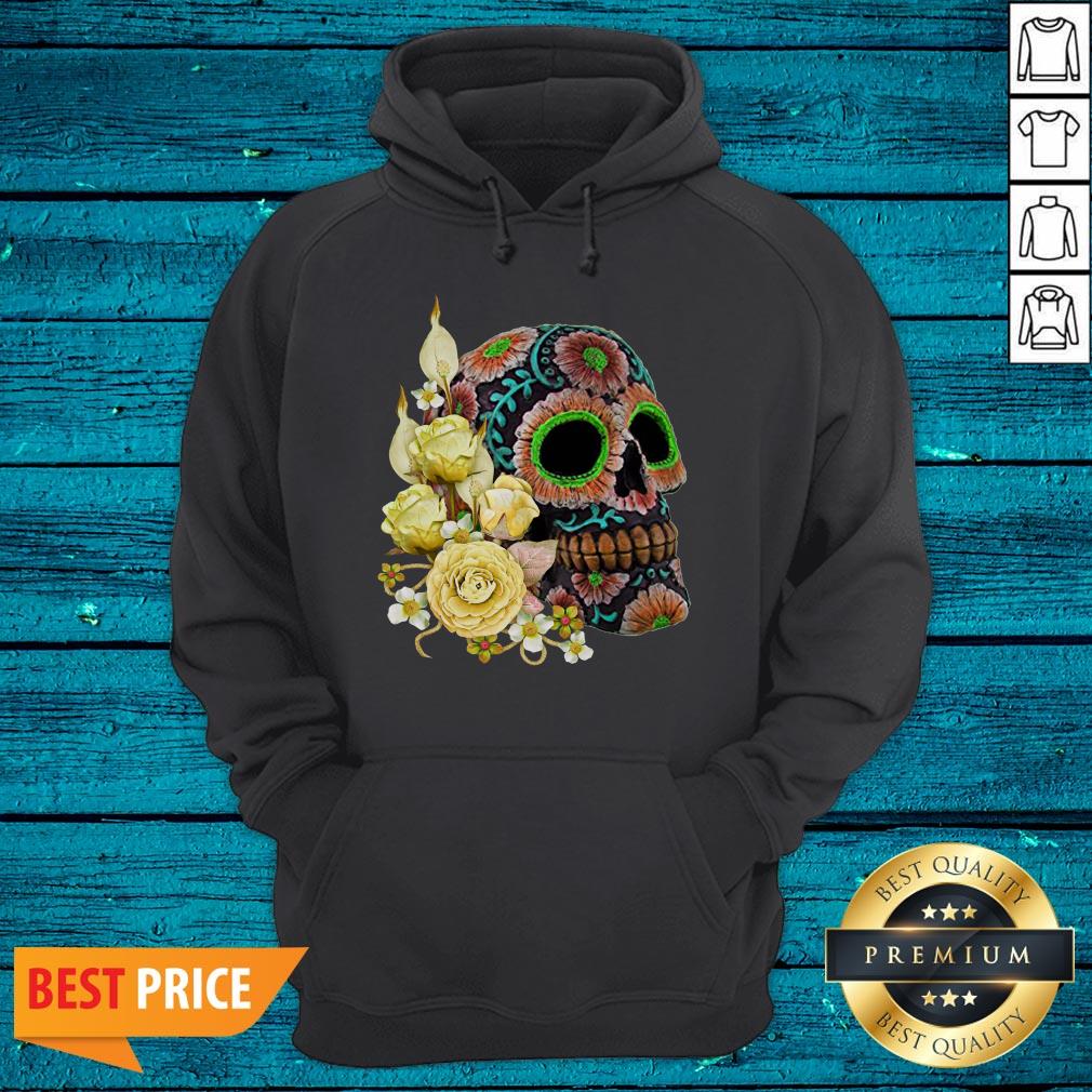 Yellow Floral Black Sugar Skull Day Of The Dead Shirt - Image 3