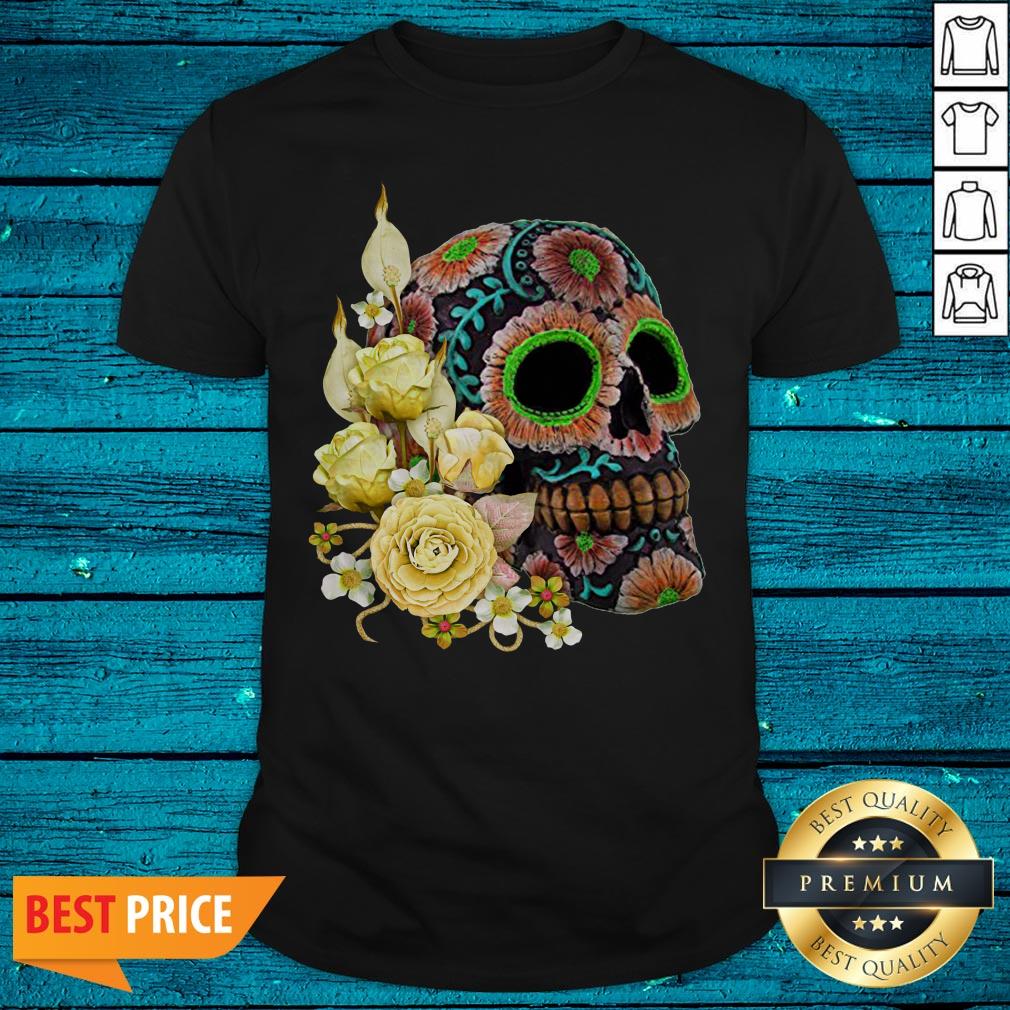 Yellow Floral Black Sugar Skull Day Of The Dead Shirt