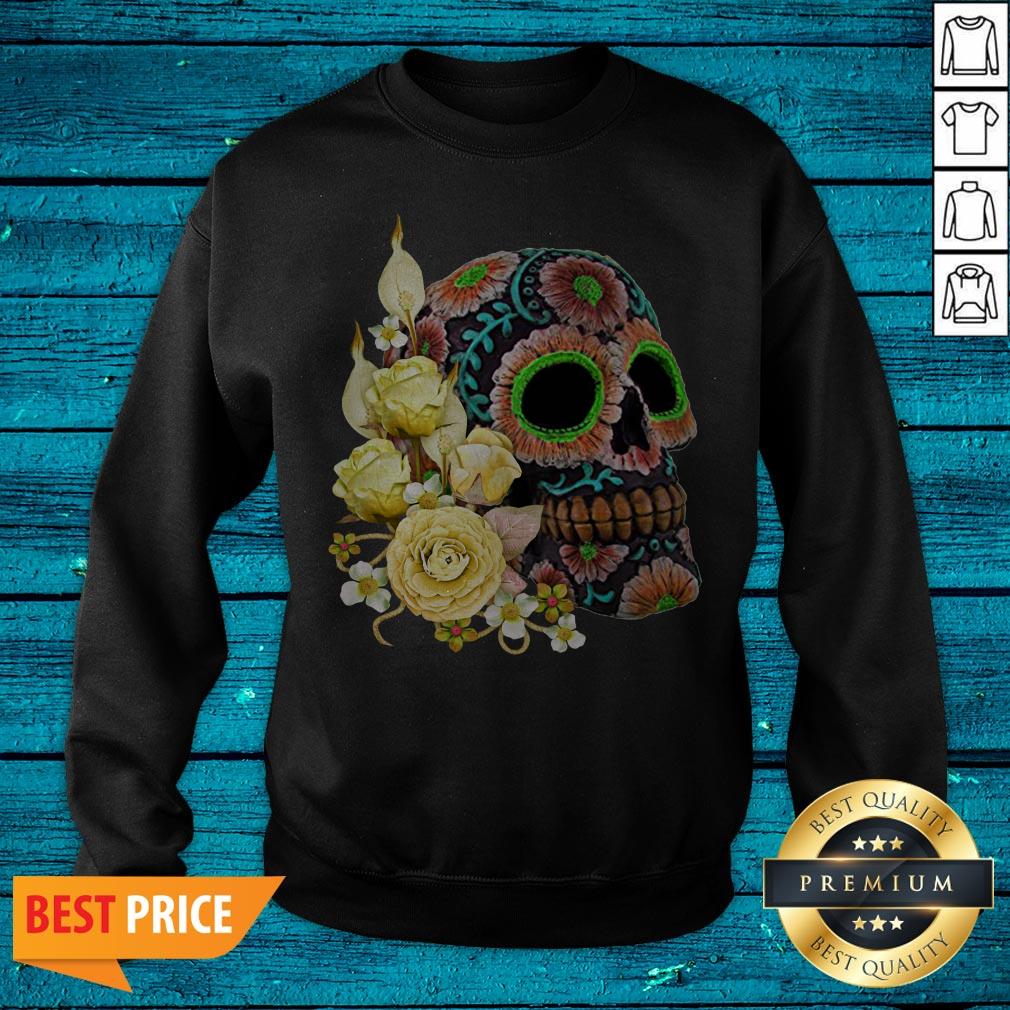 Yellow Floral Black Sugar Skull Day Of The Dead Shirt - Image 2