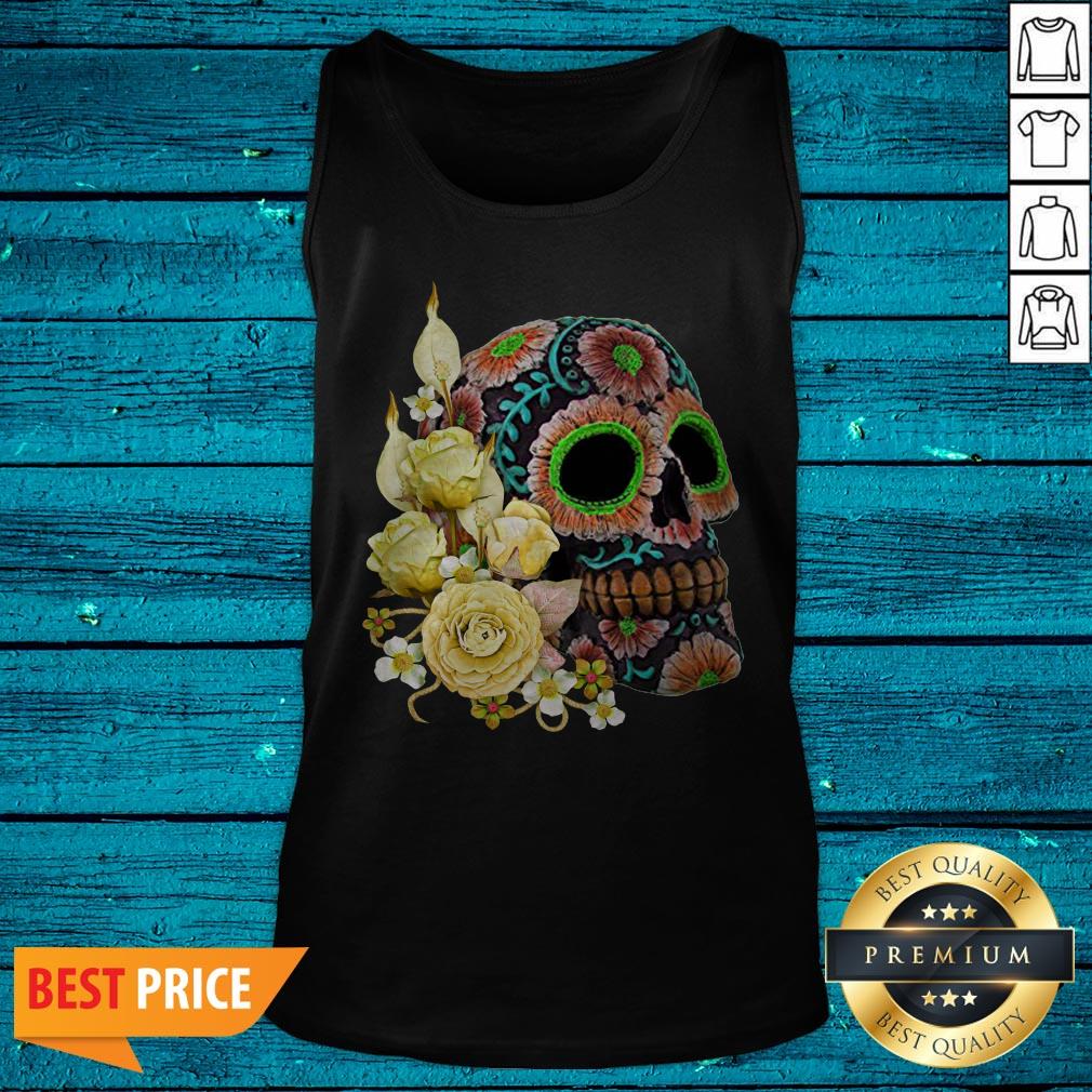 Yellow Floral Black Sugar Skull Day Of The Dead Shirt - Image 5