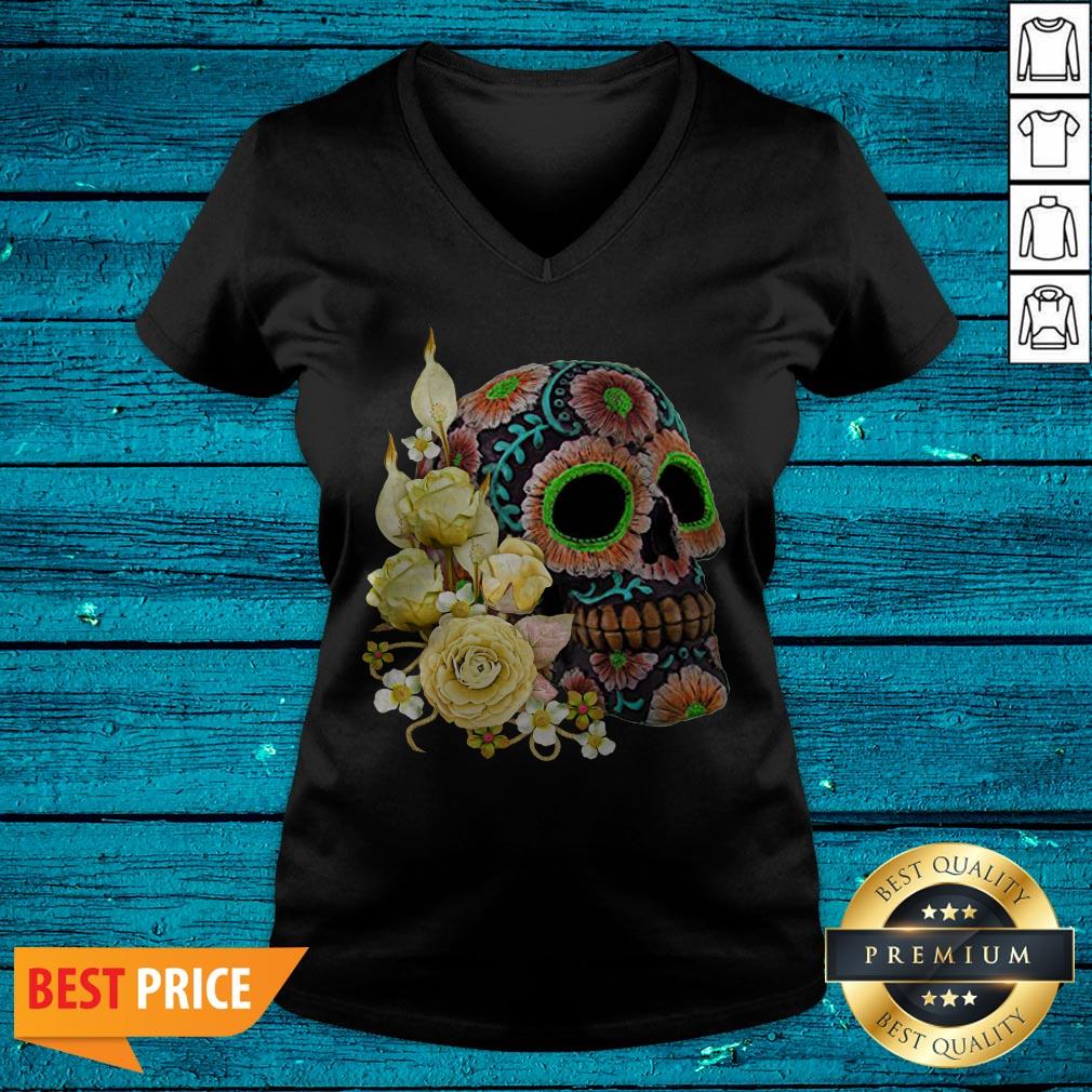 Yellow Floral Black Sugar Skull Day Of The Dead Shirt - Image 4