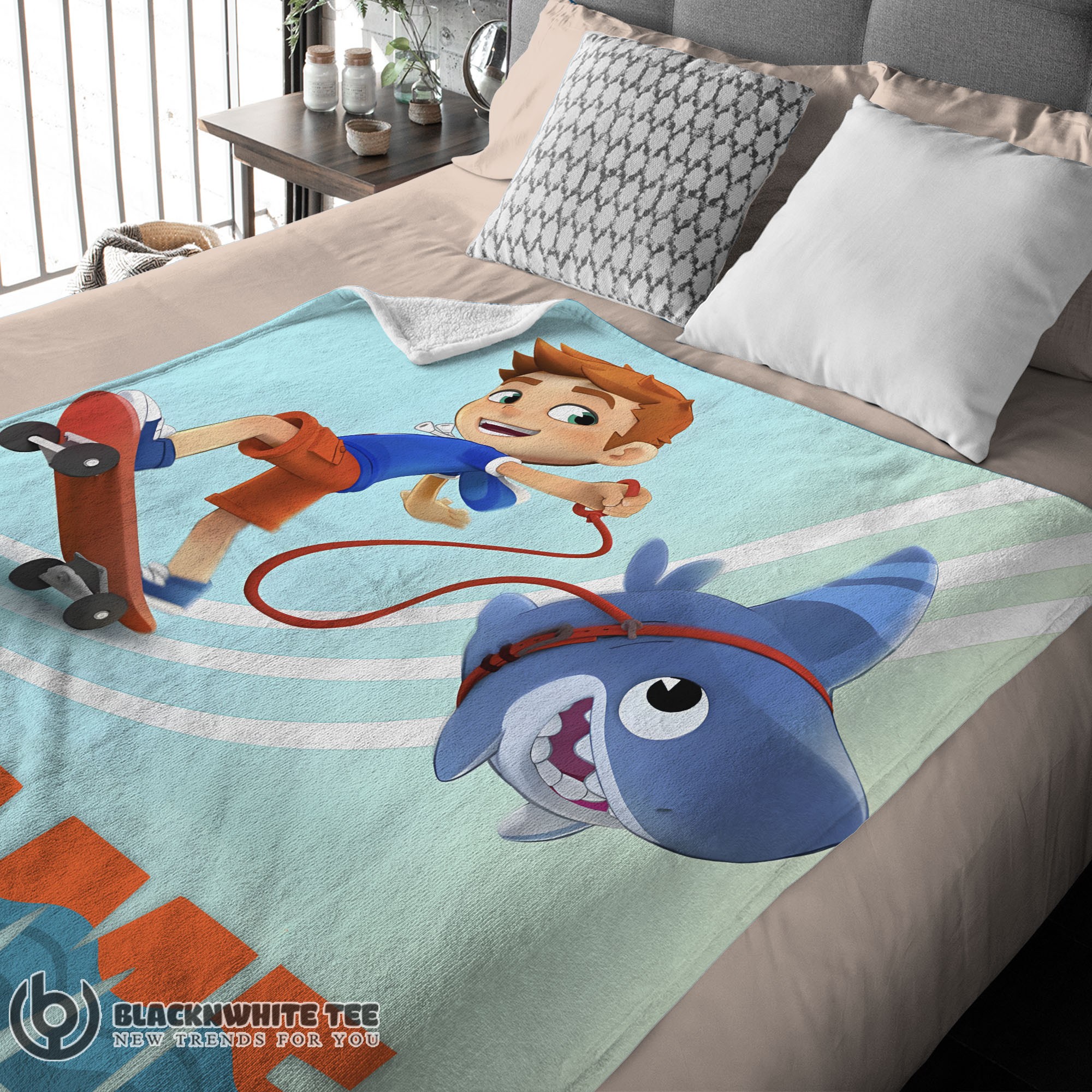 Catoon Sharkdog Sharkdog And Max Skateboarding Blanket Fleece Customized Premium Blanket - Image 3