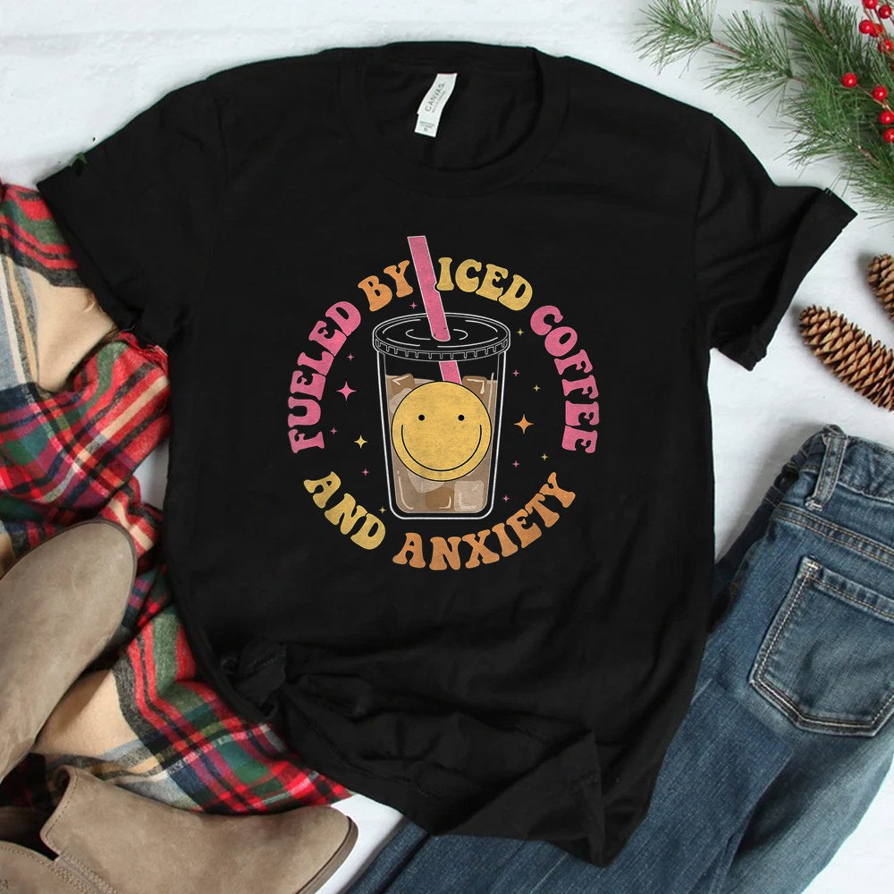 Fueled By Iced Coffee And Anxiety Retro Groovy Shirt