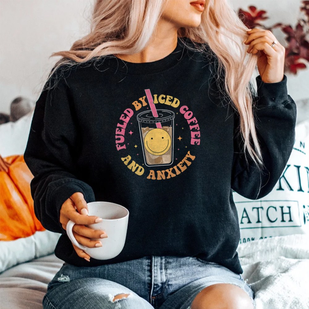Fueled By Iced Coffee And Anxiety Retro Groovy Shirt - Image 2