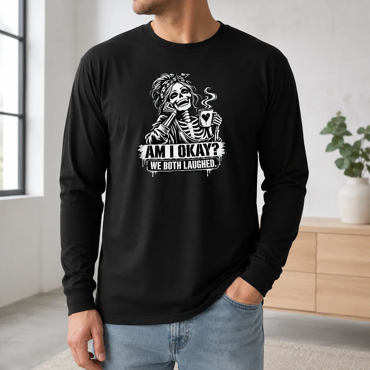 Good Nice Humorous Skeleton Girl Coffee Quote Halloween Shirt - Image 5