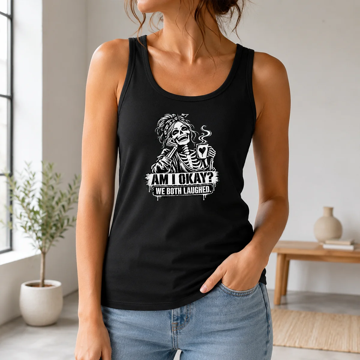 Good Nice Humorous Skeleton Girl Coffee Quote Halloween Shirt - Image 3
