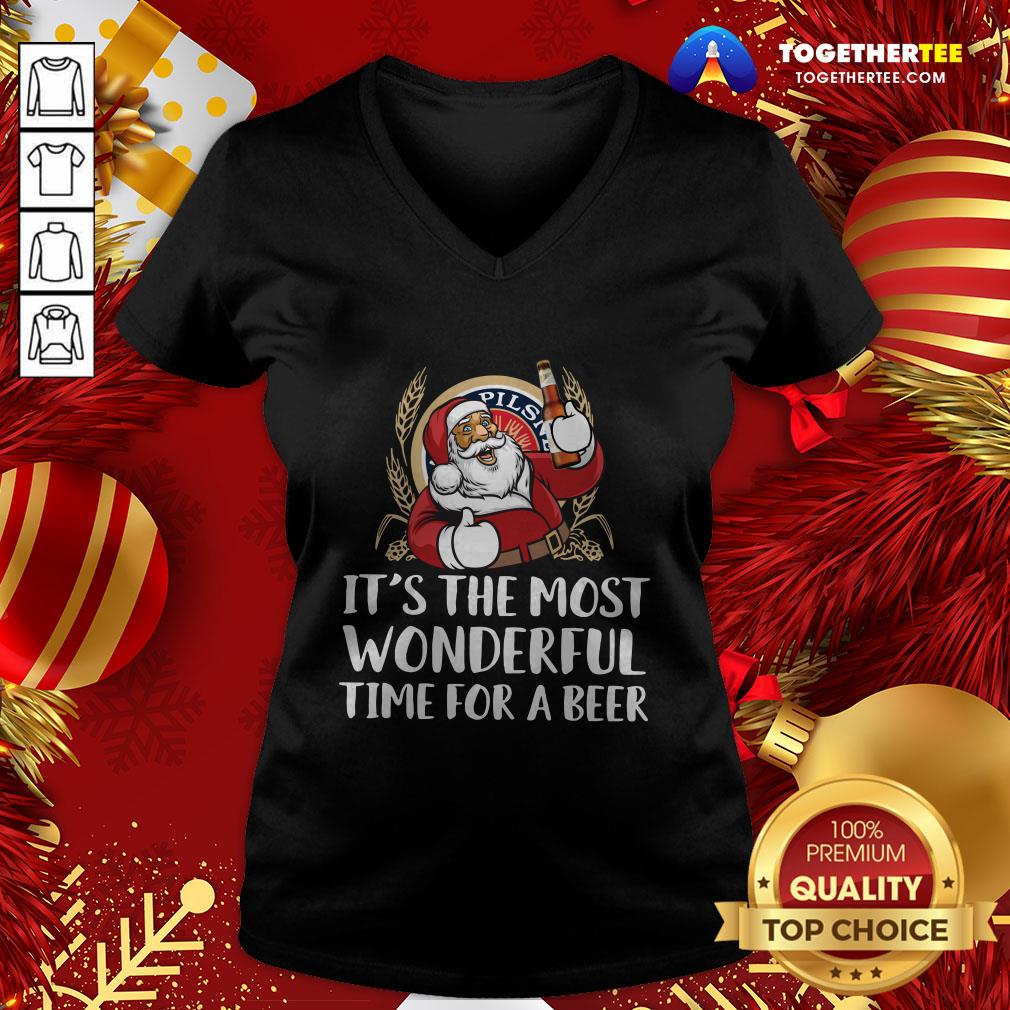 Happy Santa Claus Drink Lite Pilsner Beer It’s The Most Wonderful Time For A Beer Christmas Shirt - Image 2